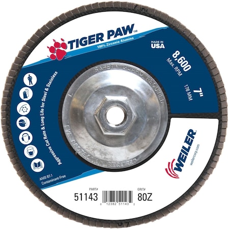 Weiler 7" Tiger Paw Abrasive Flap Disc, Flat (TY27), 80Z, 5/8"-11 UNC 51143